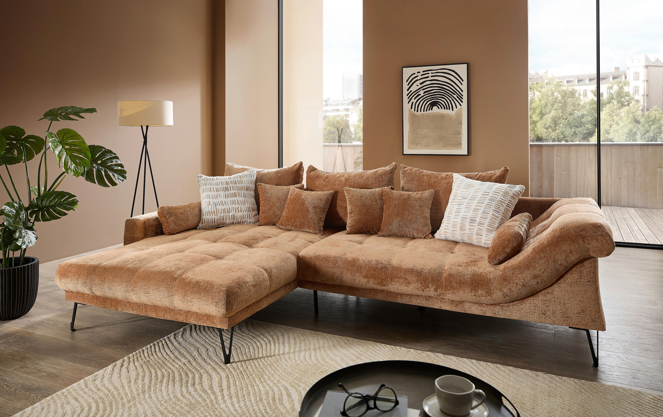 ECKSOFA GARDA Koralle Chenille Zierkissen, Rückenkissen, Nierenkissen, Rücken echt  - Koralle/Schwarz, KONVENTIONELL, Textil/Metall (192/310cm) - Livetastic