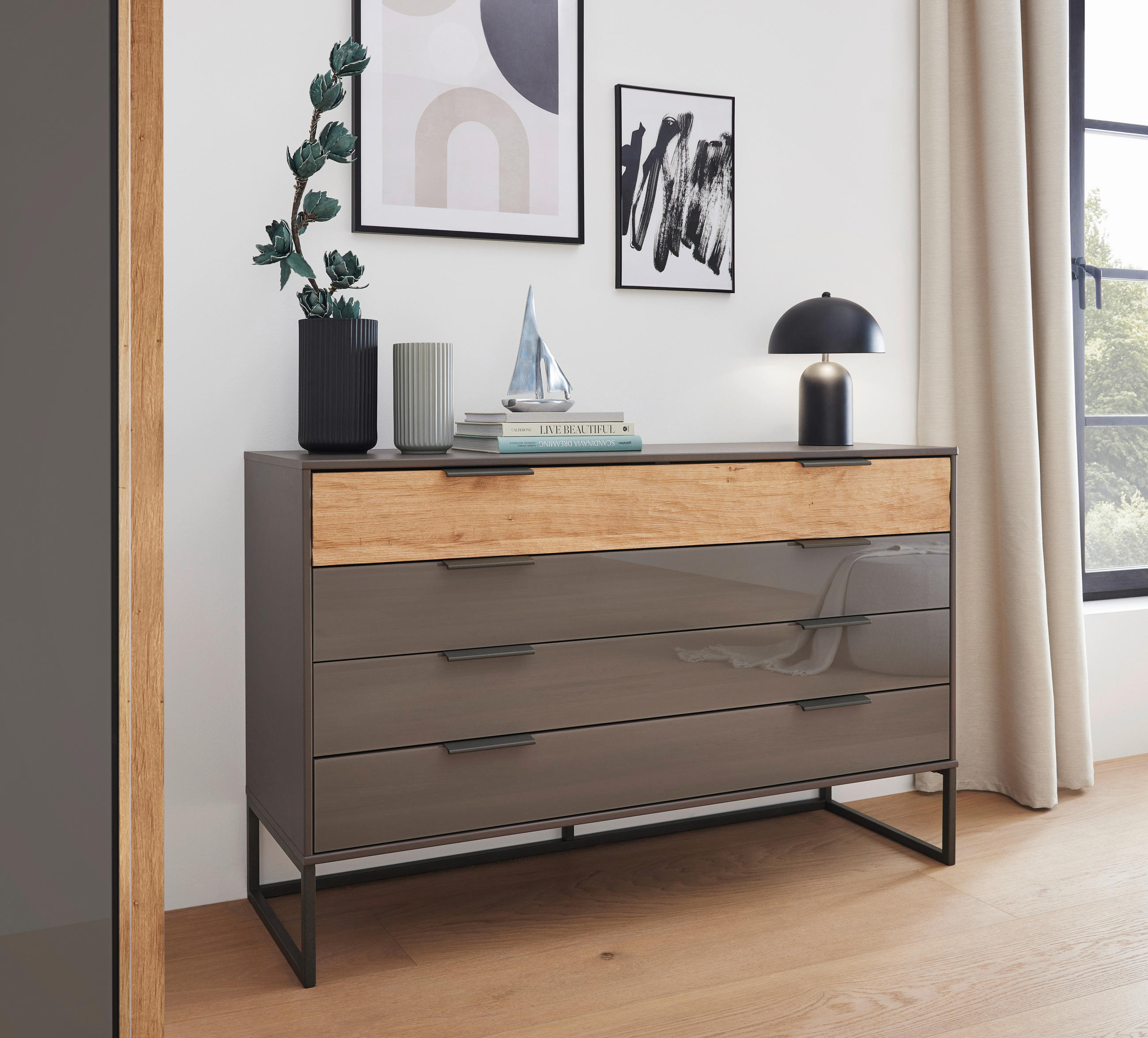 SIDEBOARD  in 141/89/43 cm  - Schieferfarben/Eichefarben, Design, Glas/Holzwerkstoff (141/89/43cm) - Dieter Knoll