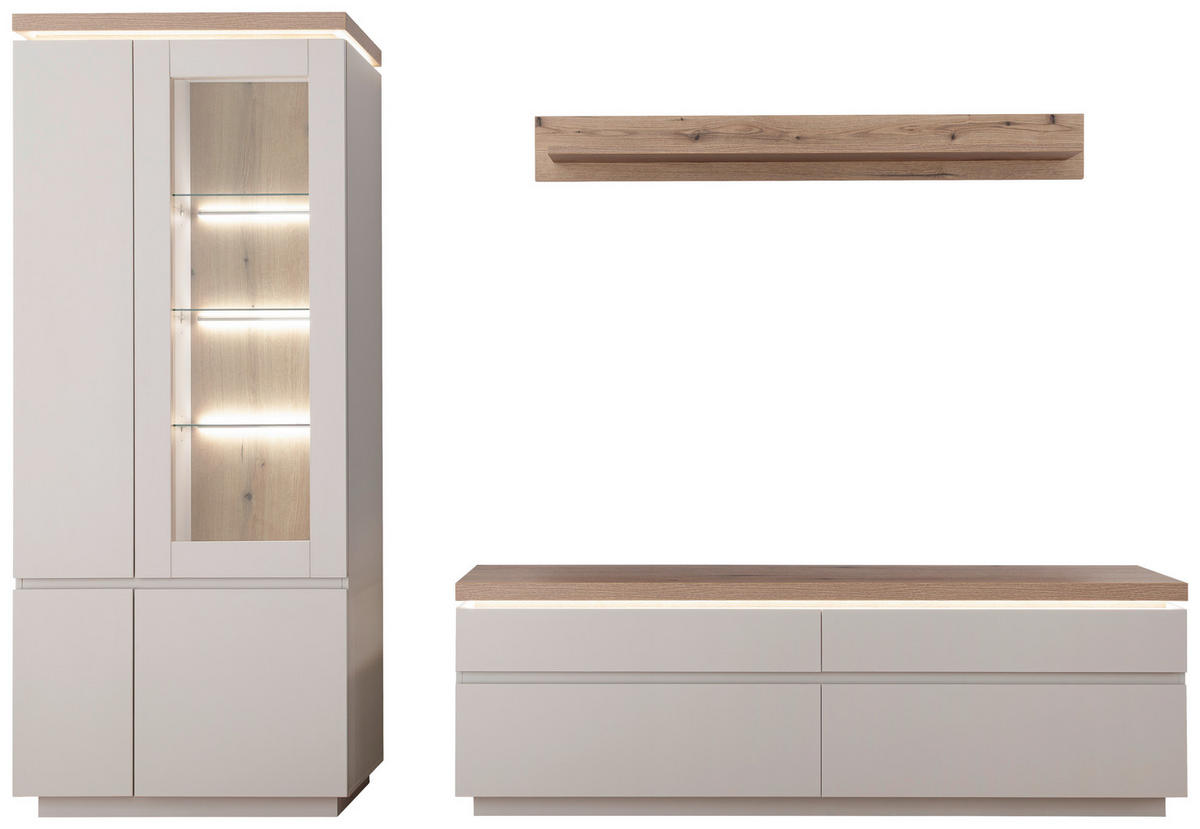 WOHNWAND 3-teilig  in Eichefarben, Kaschmir  278/197/40 cm  - Kaschmir/Eichefarben, Design, Glas/Holzwerkstoff (278/197/40cm) - Livetastic