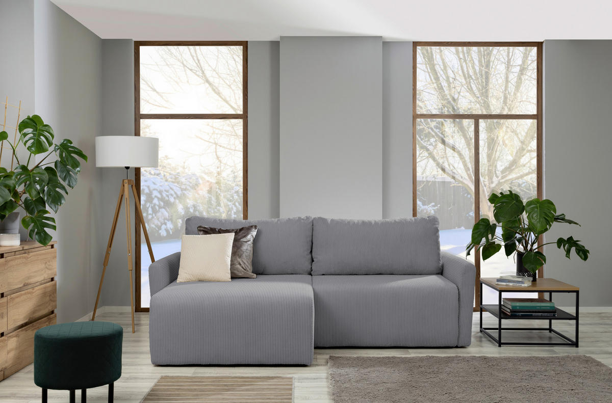 ECKSOFA in Cord Hellgrau  - Hellgrau/Schwarz, Konventionell, Kunststoff/Textil (228/146cm) - MID.YOU