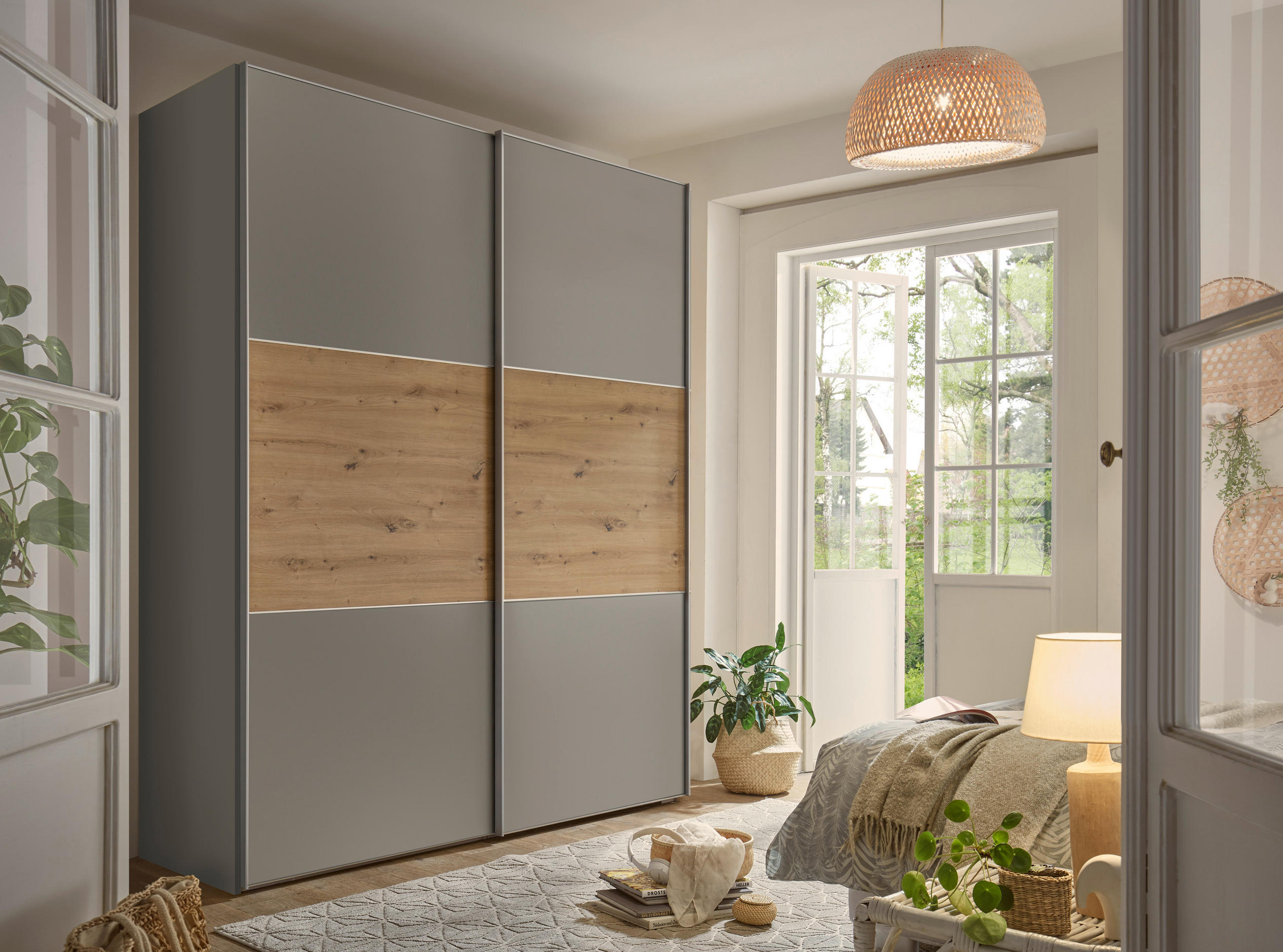 Thumbnail - Moderano Schwebetürenschrank, Hellgrau, Eiche Artisan, Holzwerkstoff, 4 Fächer, 2 Schublade(n) Schubladen, 188x222x68 cm...