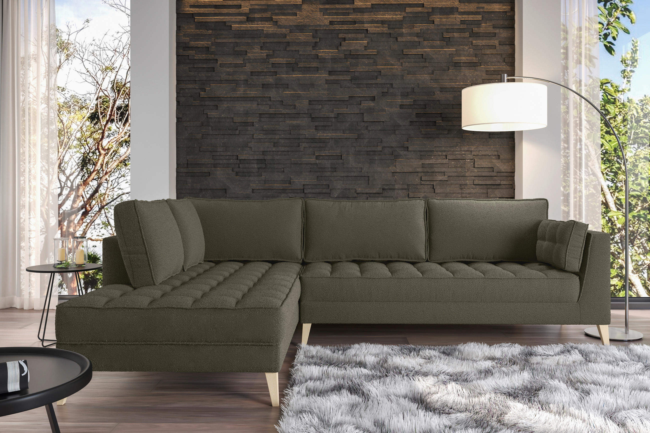 ECKSOFA in Bouclé Dunkelgrün  - Dunkelgrün/Naturfarben, Design, Holzwerkstoff/Textil (204/310cm) - MID.YOU