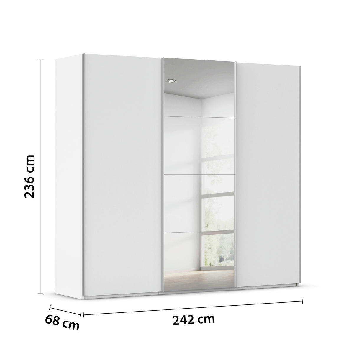 SCHWEBETÜRENSCHRANK 242/236/68 cm 3-türig Weiß, Weiß Hochglanz  - Weiß Hochglanz/Alufarben, Basics, Glas/Holzwerkstoff (242/236/68cm) - Novel
