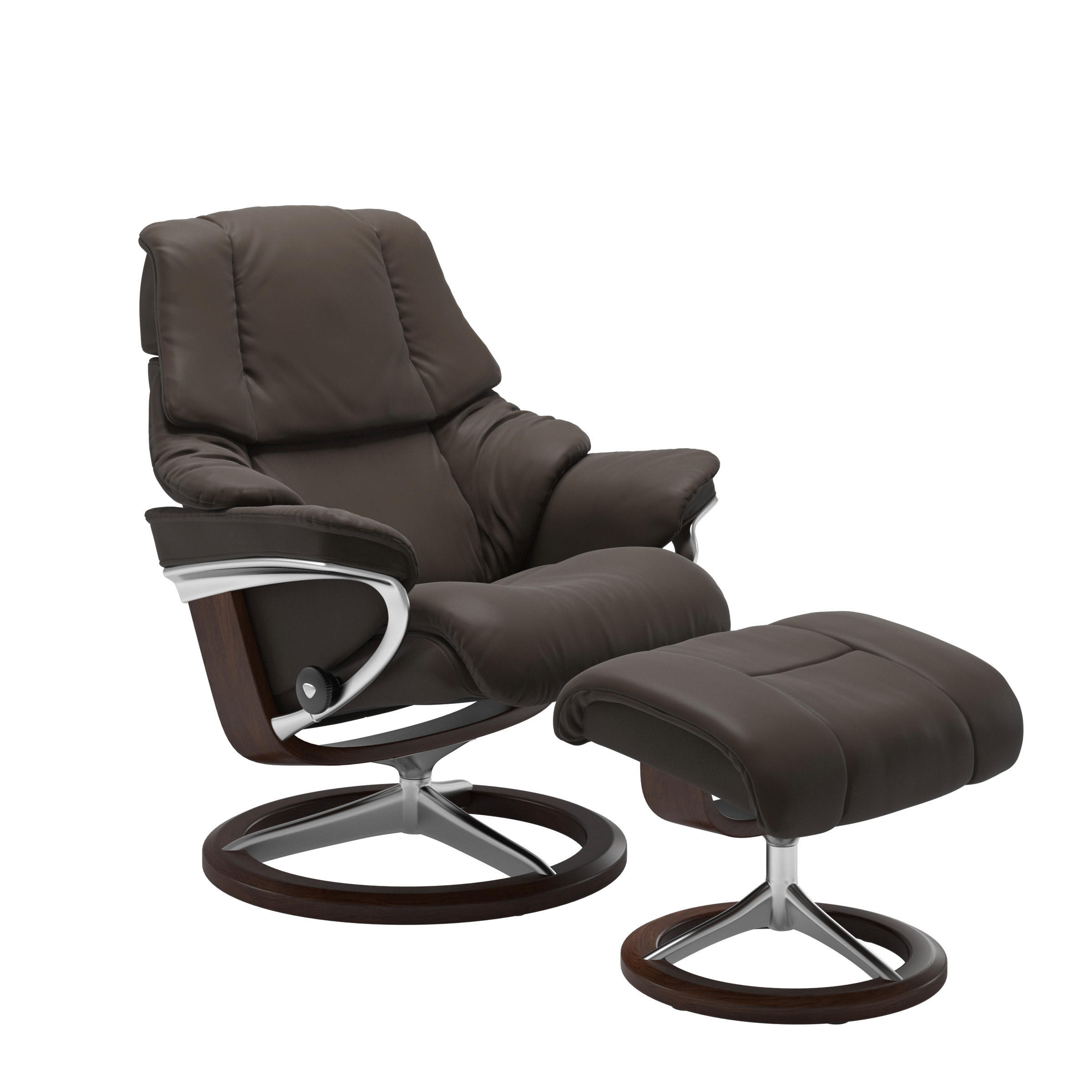 RELAXSESSELSET RENO Echtleder Relaxfunktion, Hocker    - Dunkelbraun/Alufarben, Design, Leder/Holz (83/100-110/76cm) - Stressless