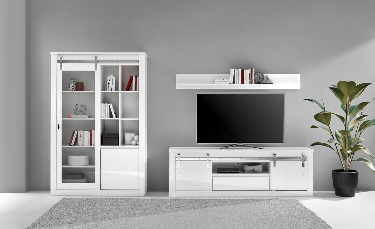 WOHNWAND 3-teilig  in Weiß, Weiß Hochglanz  349/200/43 cm  - Chromfarben/Weiß Hochglanz, Design, Holzwerkstoff/Metall (349/200/43cm) - Livetastic