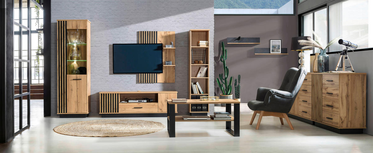 COUCHTISCH 100/56/48,7 cm rechteckig Schwarz, Eiche Wotan  - Eiche Wotan/Schwarz, MODERN, Holzwerkstoff/Metall (100/56/48,7cm) - home24