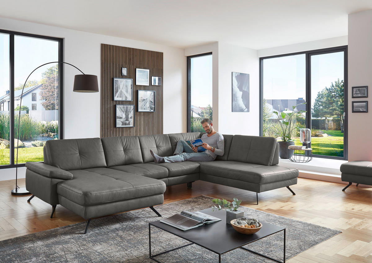 WOHNLANDSCHAFT in Lederlook, Mikrofaser Dunkelgrau  - Dunkelgrau/Schwarz, Design, Textil/Metall (179/343/220cm) - Beldomo System