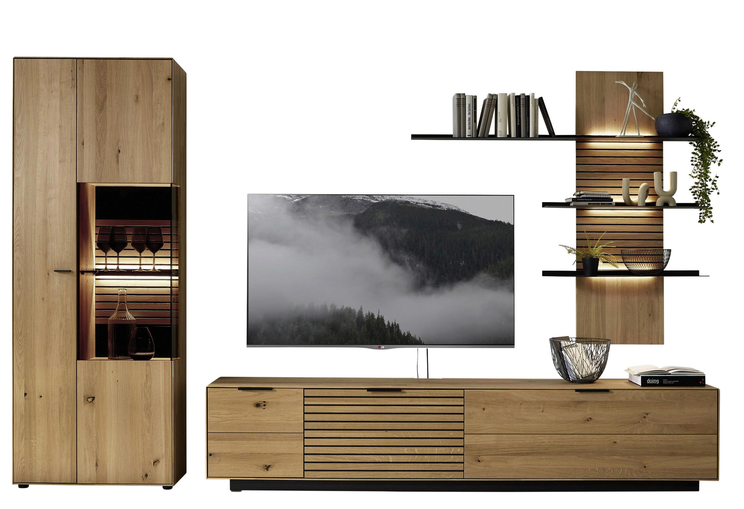 WOHNWAND 333,8/205,5/45,2 cm  in Wildeiche  333,8/205,5/45,2 cm    - Wildeiche/Dunkelgrau, Natur, Glas/Holz (333,8/205,5/45,2cm) - Valdera