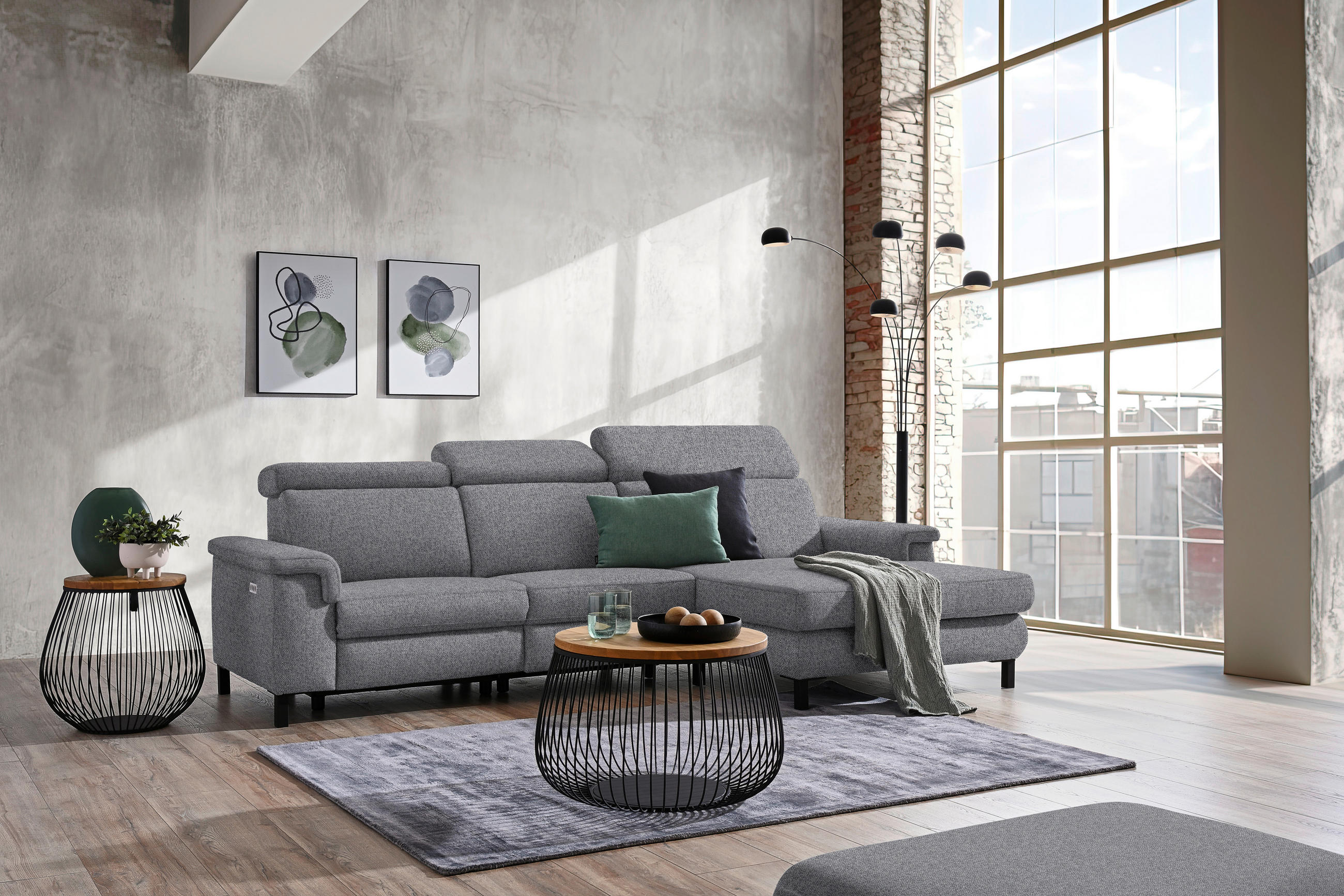ECKSOFA in Flachgewebe Grau  - Schwarz/Grau, Konventionell, Textil/Metall (304/182cm) - Pure Home Comfort
