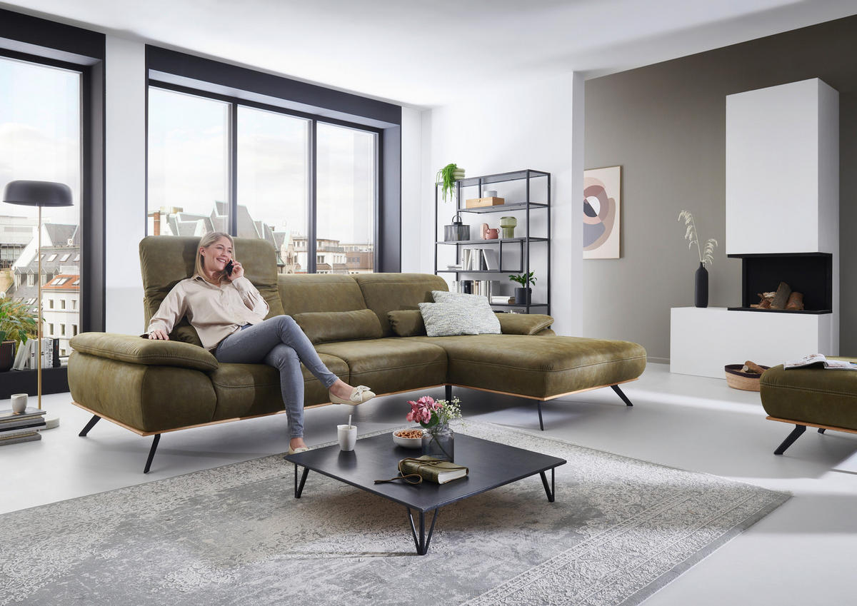 ECKSOFA Grün Mikrofaser  - Eichefarben/Beige, Natur, Holz/Textil (322/201cm) - Voleo