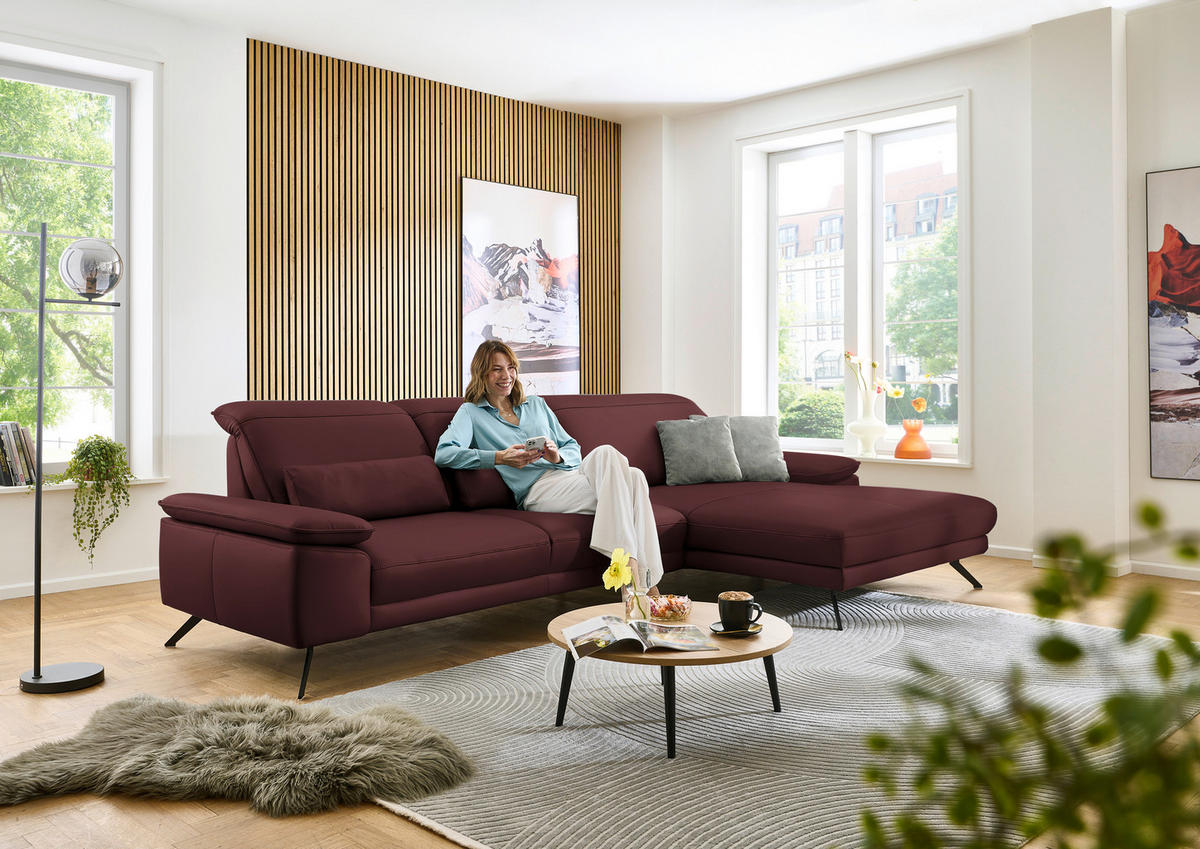 ECKSOFA in Echtleder Brombeere  - Brombeere/Schwarz, Design, Leder/Metall (332/193cm) - Dieter Knoll