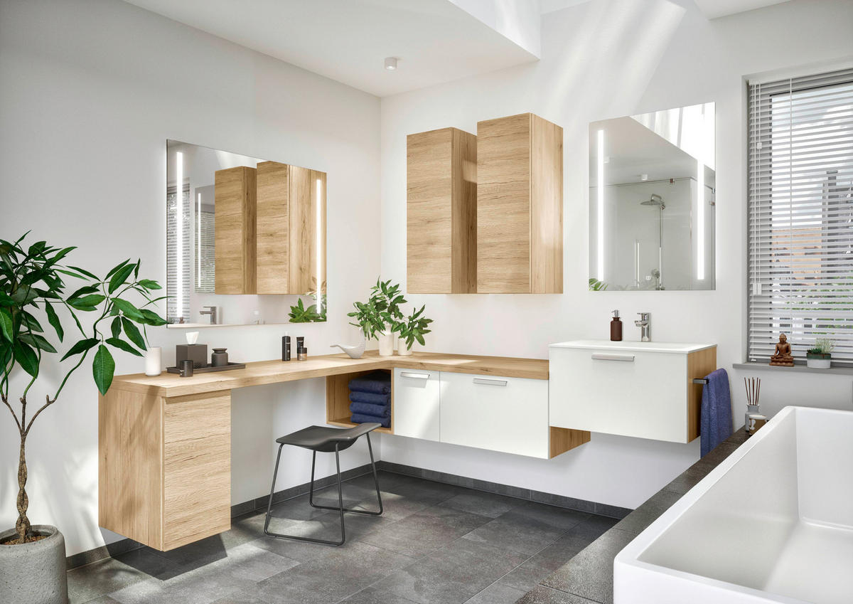 BADEZIMMER 3-teilig  in 81 cm  - Edelstahlfarben/Weiß Hochglanz, MODERN, Holzwerkstoff/Stein (81cm) - Nobilia