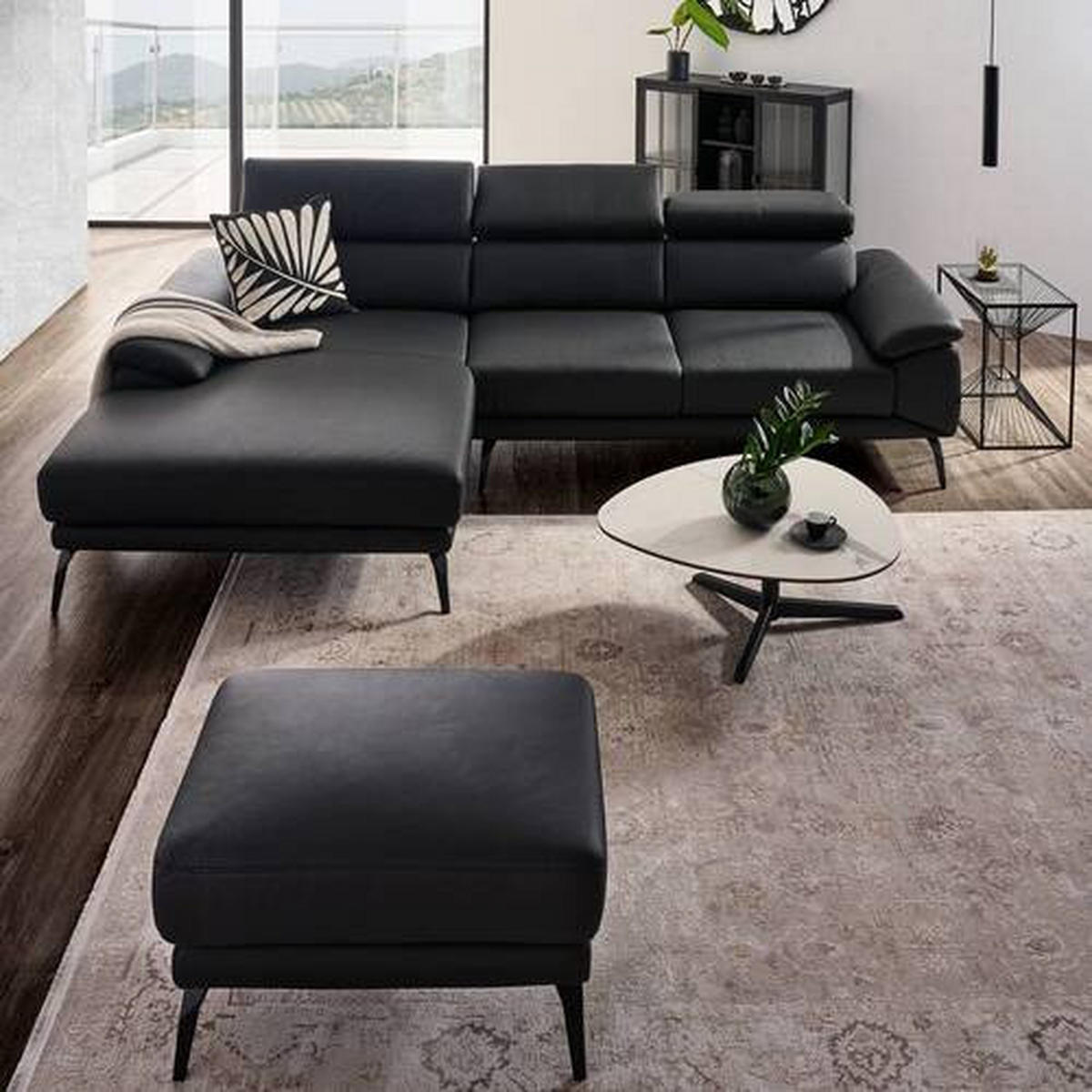ECKSOFA in Echtleder Schwarz  - Schwarz, Design, Leder/Metall (187/295cm) - Novel