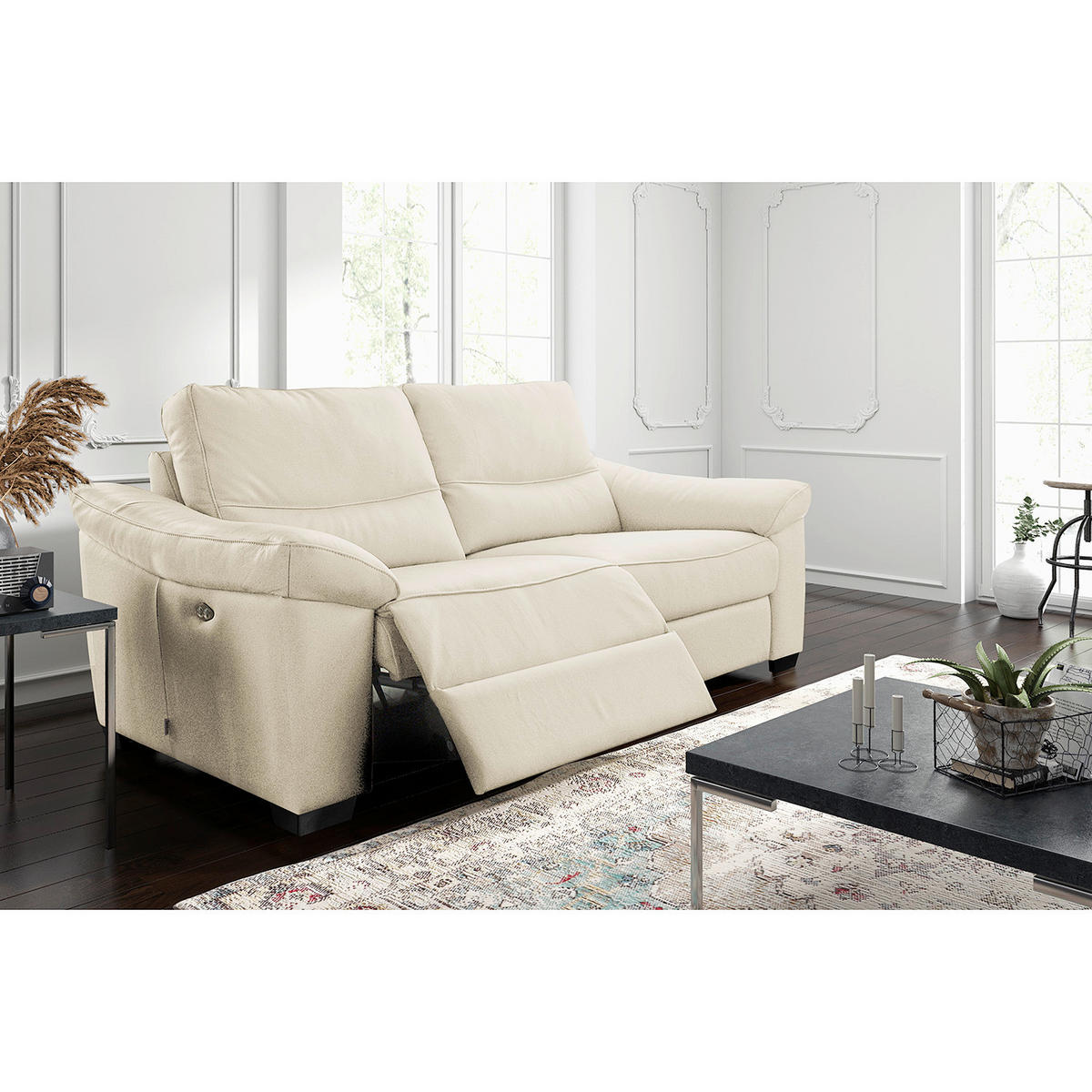 2,5-SITZER  in Echtleder Creme   - Creme/Schwarz, Design, Leder/Holz (214/97/97cm) - Livetastic