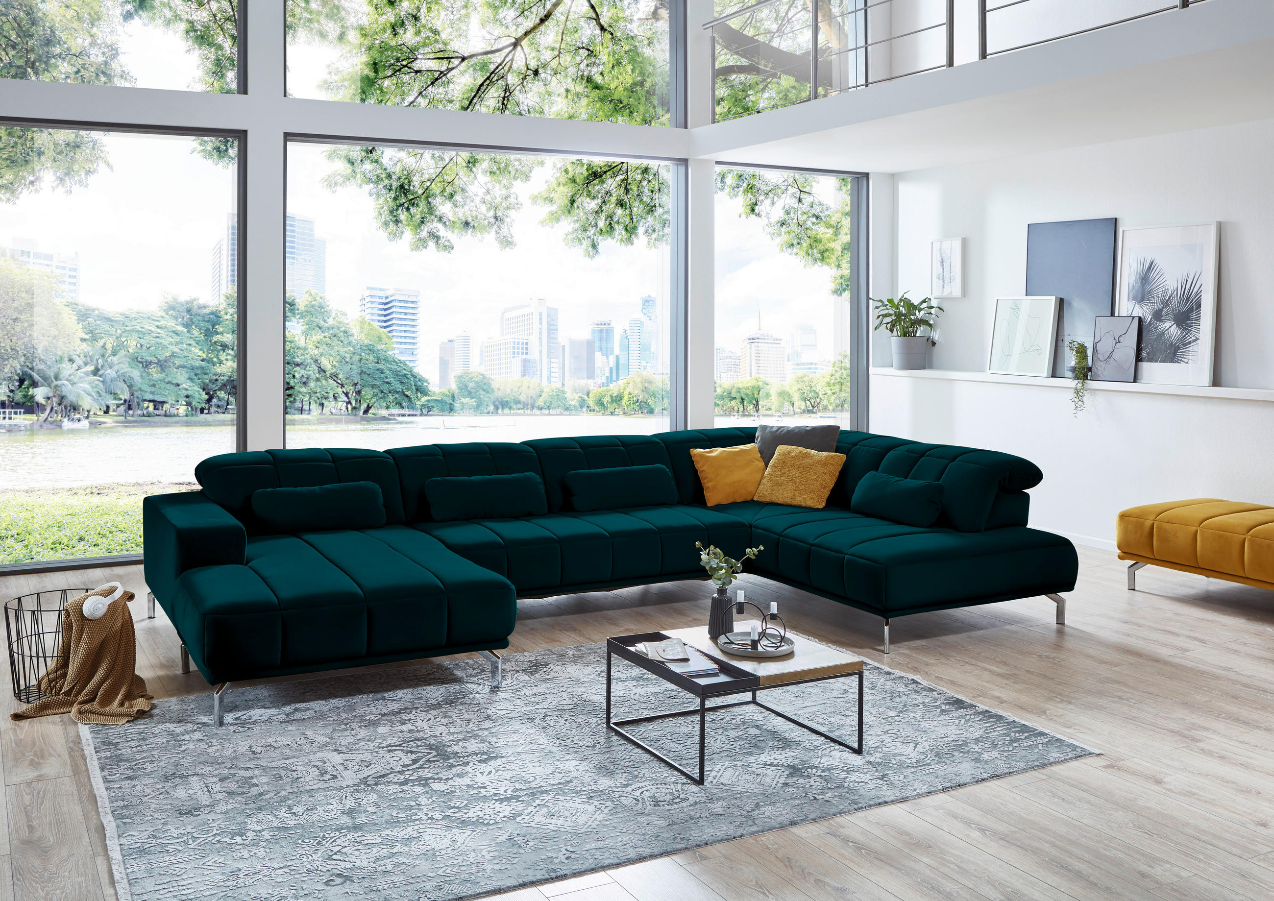 WOHNLANDSCHAFT Petrol Velours  - Petrol/Schwarz, Design, Textil/Metall (195/383/219cm) - Beldomo Style