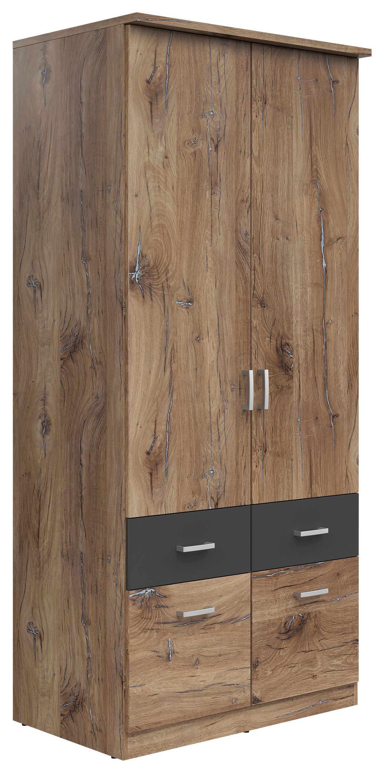 KLEIDERSCHRANK 91/199/58 cm,  in Graphitfarben, Eichefarben, 2-türig  - Eichefarben/Silberfarben, KONVENTIONELL, Holzwerkstoff/Kunststoff (91/199/58cm) - MID.YOU