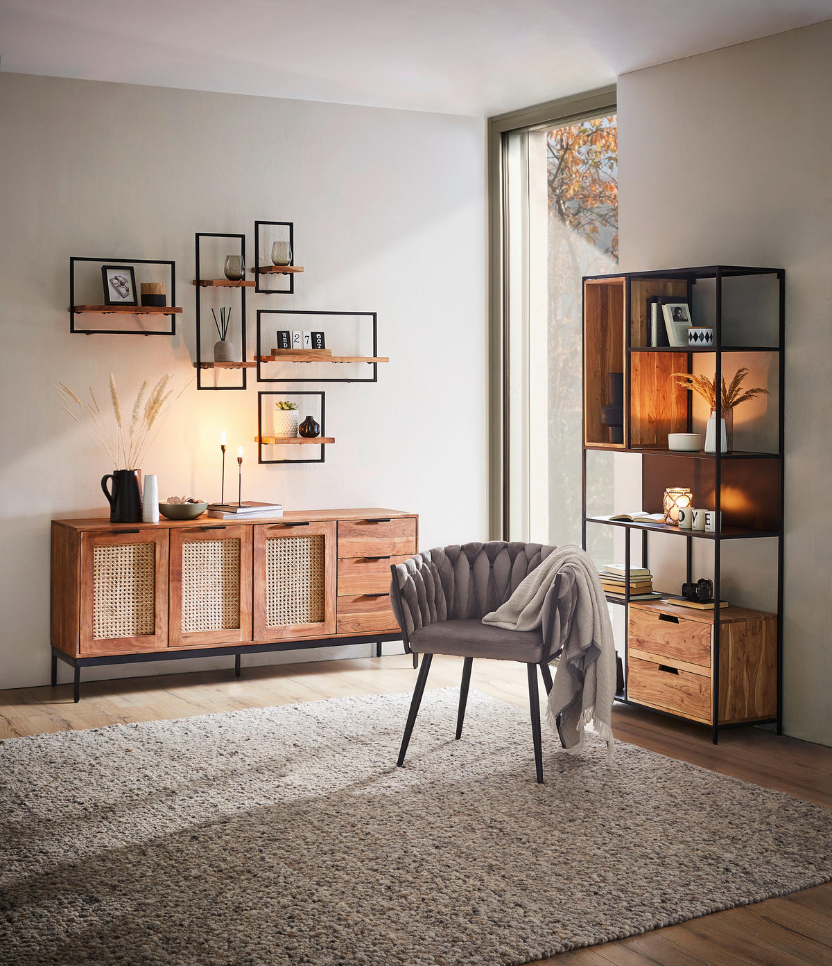 SIDEBOARD Wiener Geflecht  in 170/75/40 cm  - Schwarz/Akaziefarben, LIFESTYLE, Holz/Metall (170/75/40cm) - Landscape