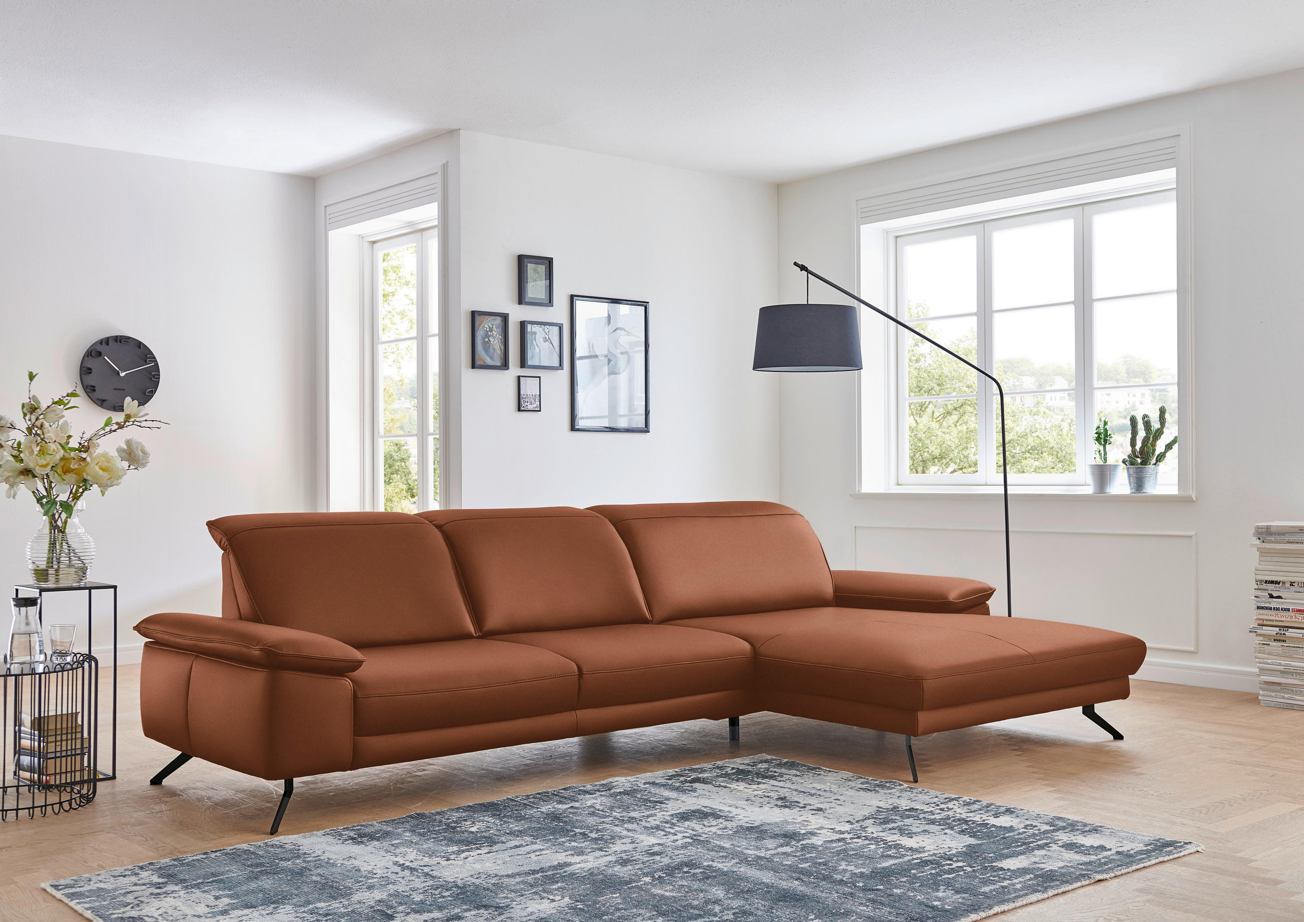 ECKSOFA in Echtleder Cognac  328/193 cm  - Cognac/Schwarz, Design, Leder/Metall (328/193cm) - Dieter Knoll