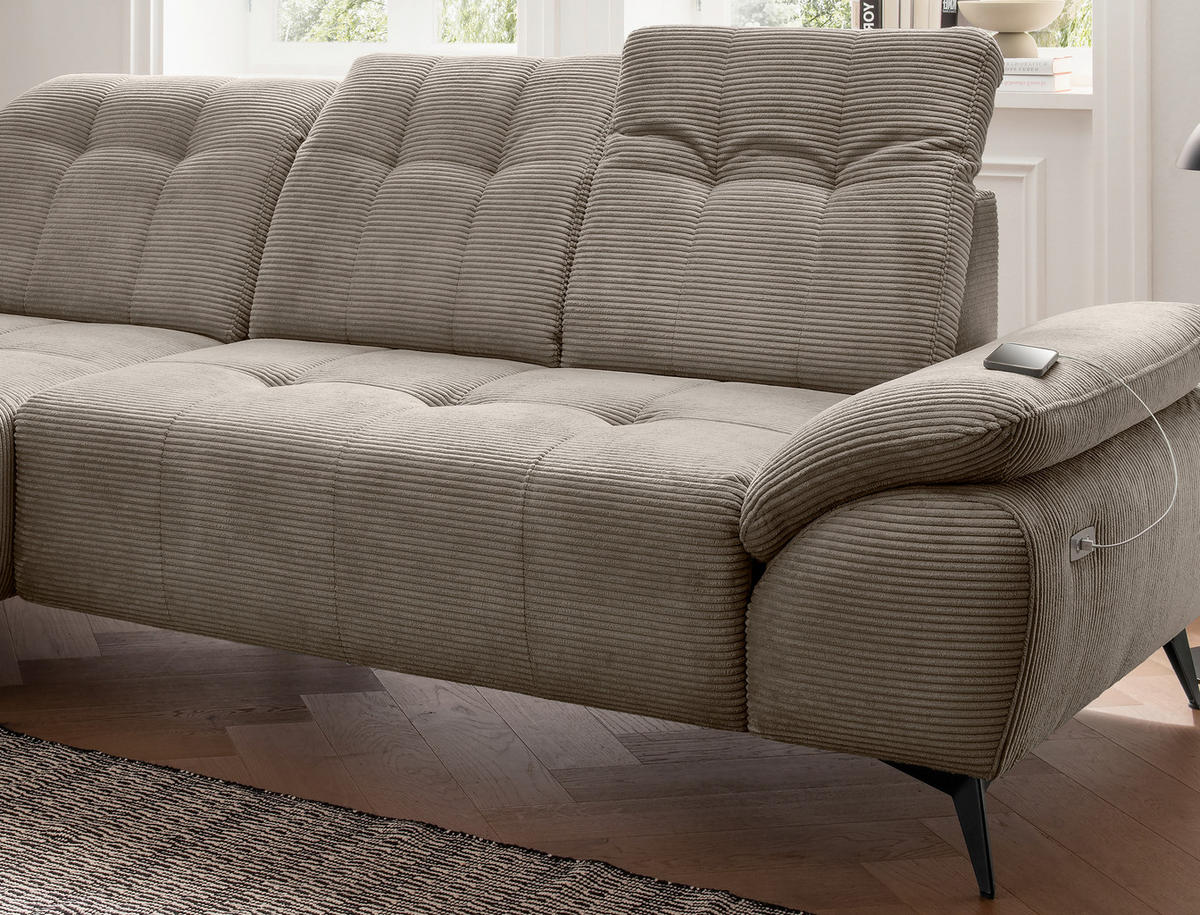 ECKSOFA Cord Graubraun  - Graubraun/Schwarz, Modern, Textil/Metall (180/280cm) - Livetastic