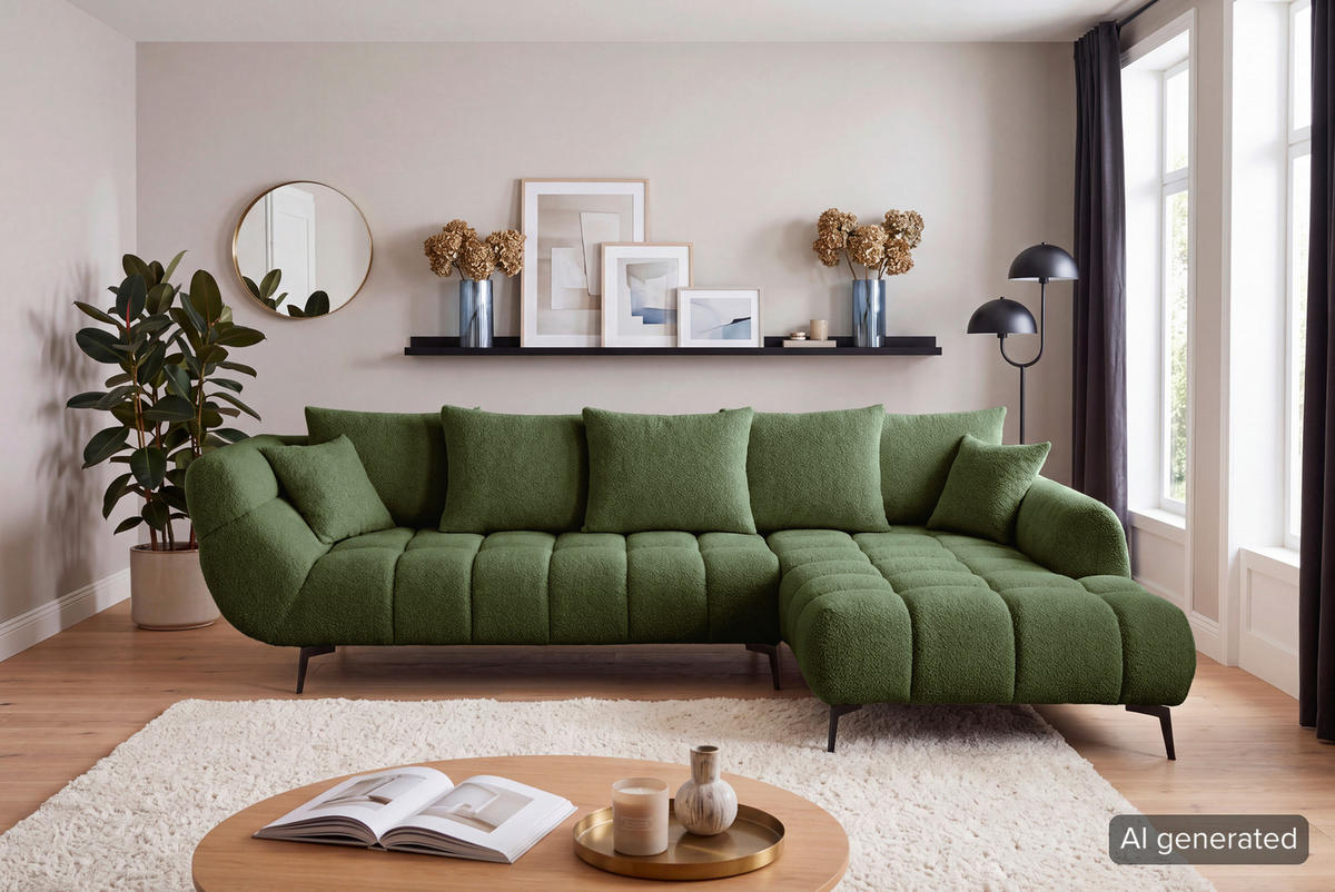 ECKSOFA 318/217 cm  in Bouclé Grün Zierkissen, Rückenkissen, Rücken echt  318/217 cm  - Schwarz/Grün, MODERN, Textil/Metall (318/217cm) - Carryhome
