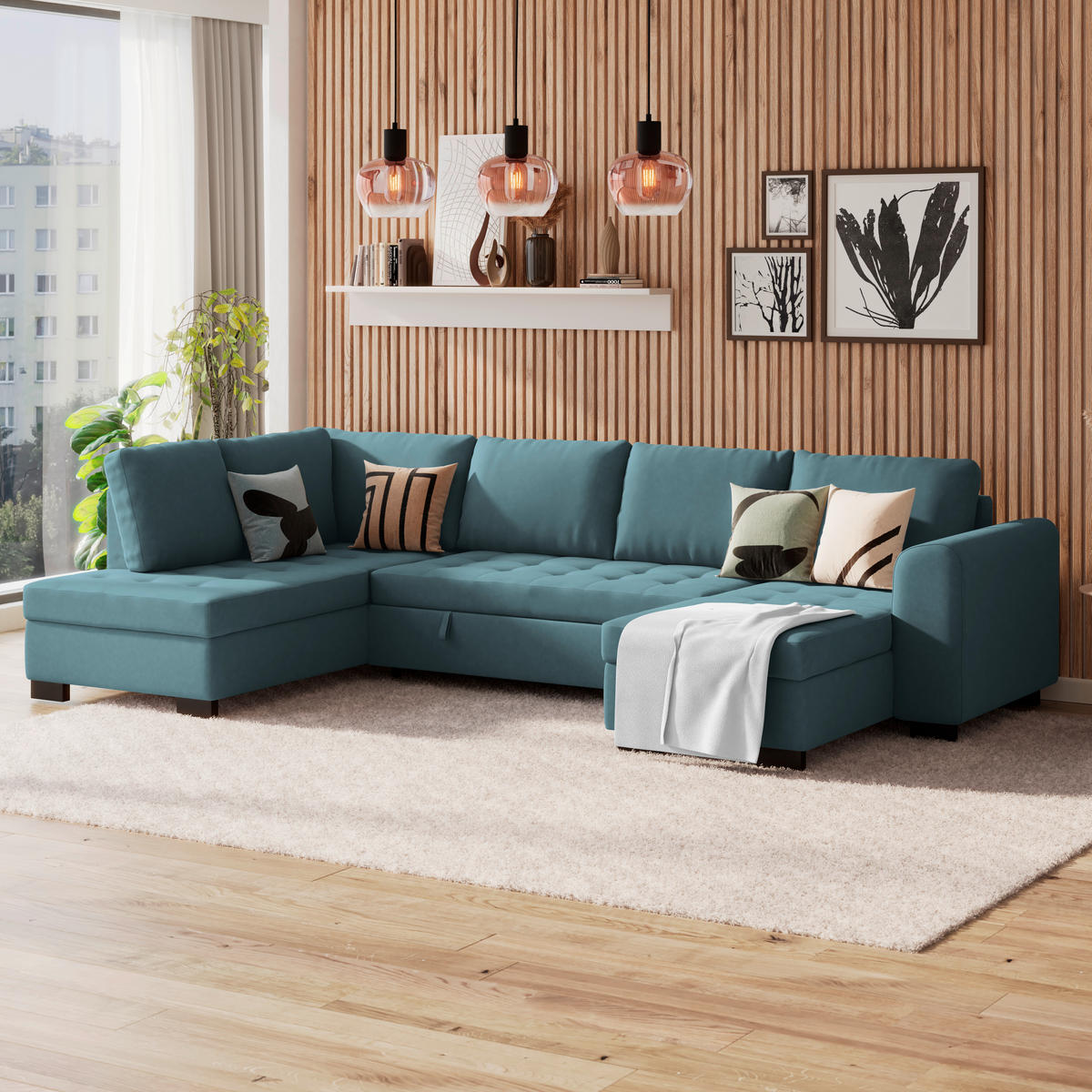 WOHNLANDSCHAFT Blau Mikrofaser  - Blau/Schwarz, MODERN, Kunststoff/Textil (178/305/155cm) - P & B