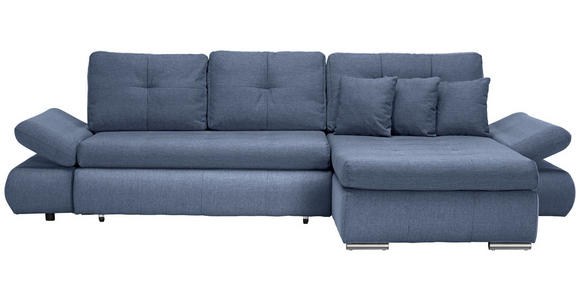 ECKSOFA Blau Webstoff Zierkissen, Rückenkissen, Bettkasten, Schlaffunktion, Rücken echt, Armteilverstellung  - Chromfarben/Blau, Design, Kunststoff/Textil (302/187cm) - Carryhome