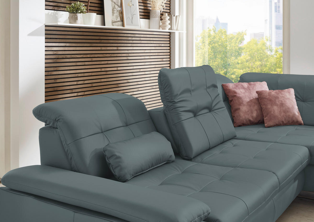 ECKSOFA in Echtleder Blaugrau  - Blaugrau/Alufarben, Design, Leder/Metall (309/211cm) - Beldomo Speed