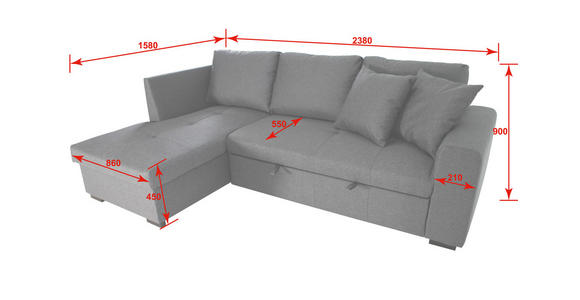 ECKSOFA inkl.Funktionen Grau Webstoff Zierkissen, Rückenkissen, Bettkasten, Schlaffunktion  - Schwarz/Grau, Design, Kunststoff/Textil (238/158cm) - Xora