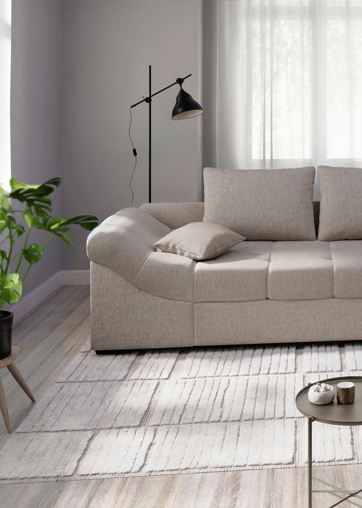 ECKSCHLAFSOFA in Taupe Textil   - Taupe/Schwarz, Modern, Holz/Textil (298cm) - MID.YOU