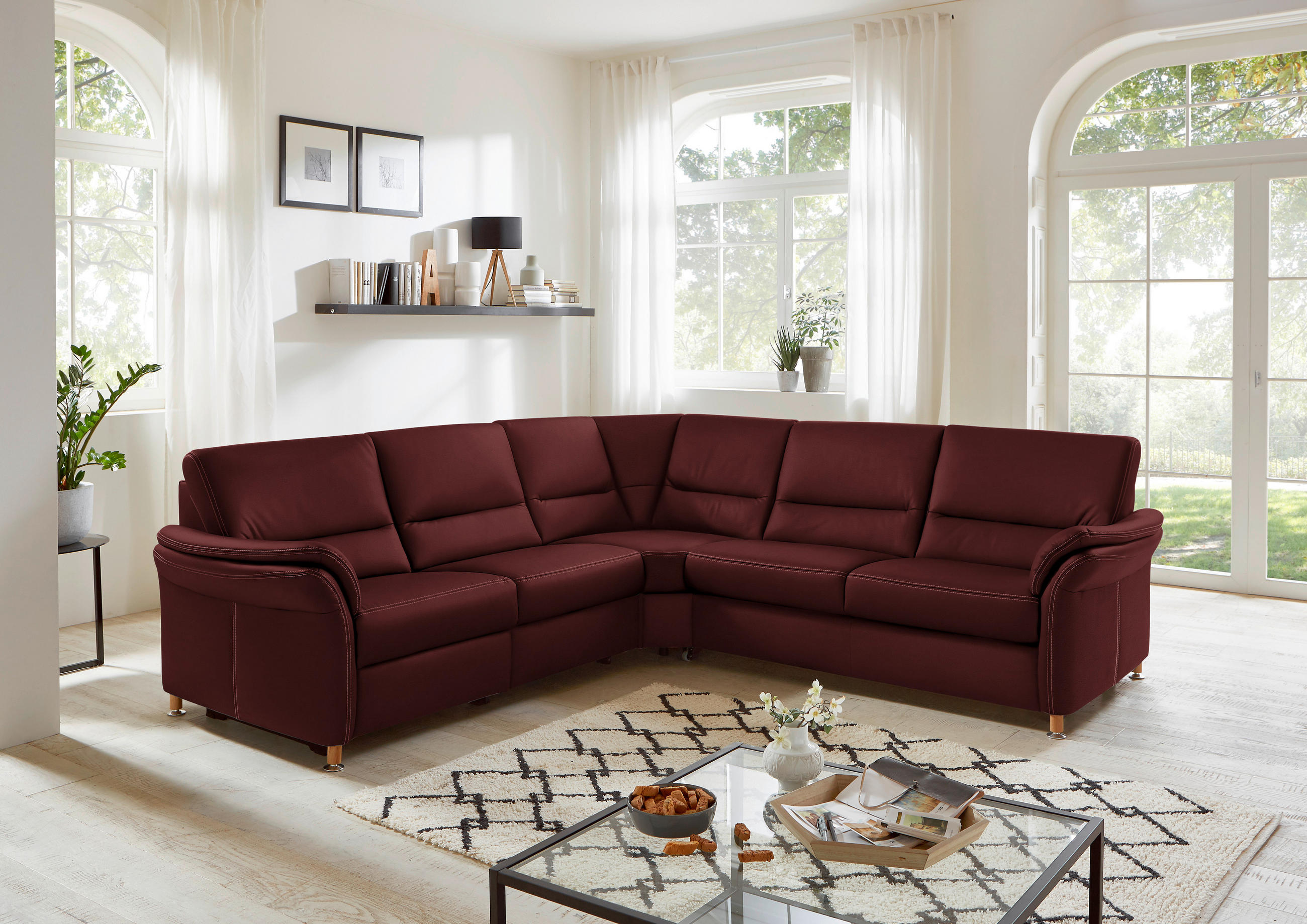 ECKSOFA in Echtleder Brombeere  - Eichefarben/Brombeere, Konventionell, Leder/Holz (262/262cm) - Beldomo Premium