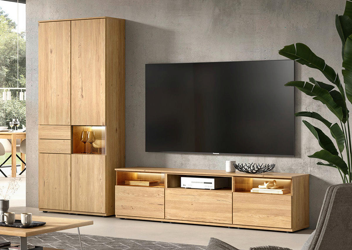 WOHNWAND  in Eichefarben  300/215/45 cm  - Eichefarben/Schwarz, KONVENTIONELL, Glas/Holzwerkstoff (300/215/45cm) - Venda