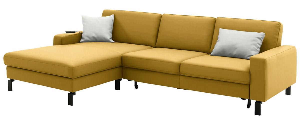 ECKSOFA  in Cord Goldfarben Rücken echt, Sitztiefenverstellung  185/298 cm  - Goldfarben/Schwarz, Design, Textil/Metall (185/298cm) - Pure Home Lifestyle