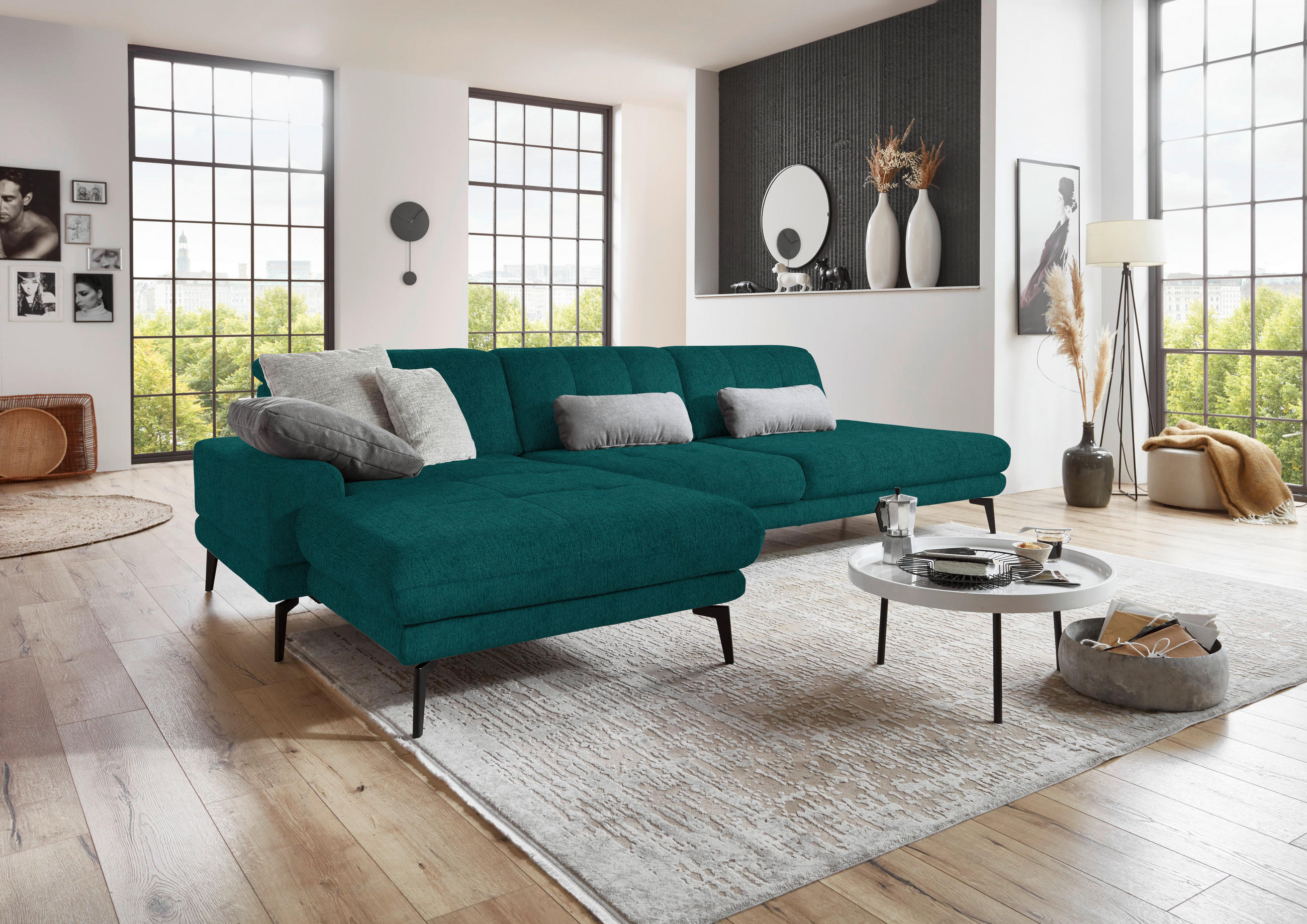 ECKSOFA in Flachgewebe Petrol  - Petrol/Schwarz, Design, Textil/Metall (190/309cm) - Beldomo Style