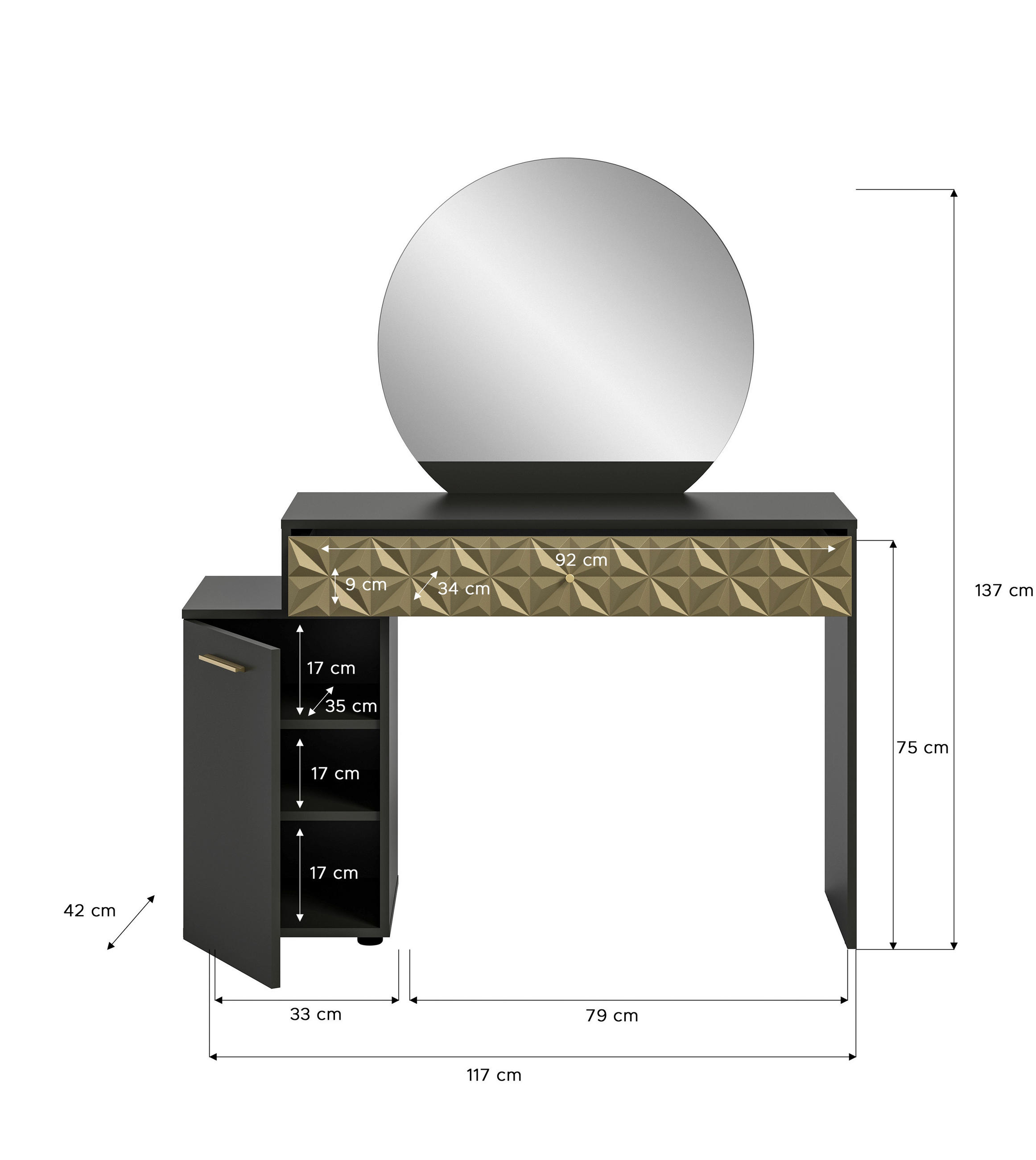 Thumbnail - Mid.you Schminktisch, Gold, Schwarz, Kunststoff, 1 Schubladen, 117x138x42 cm, FSC Mix, Schlafzimmer, Schminktische