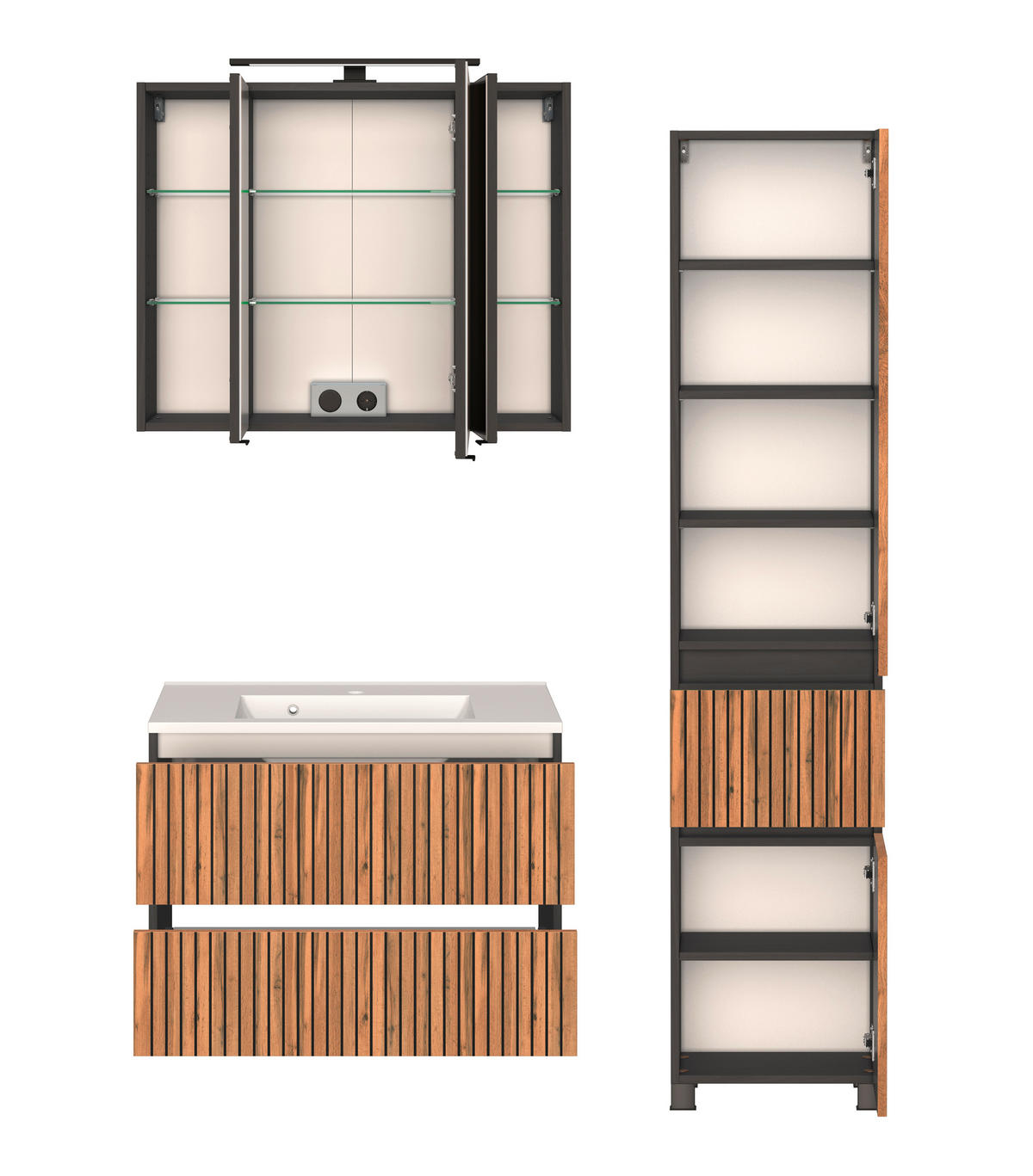 BADEZIMMER  in 120 cm  - Eiche Wotan/Graphitfarben, KONVENTIONELL, Glas/Holzwerkstoff (120cm) - Xora