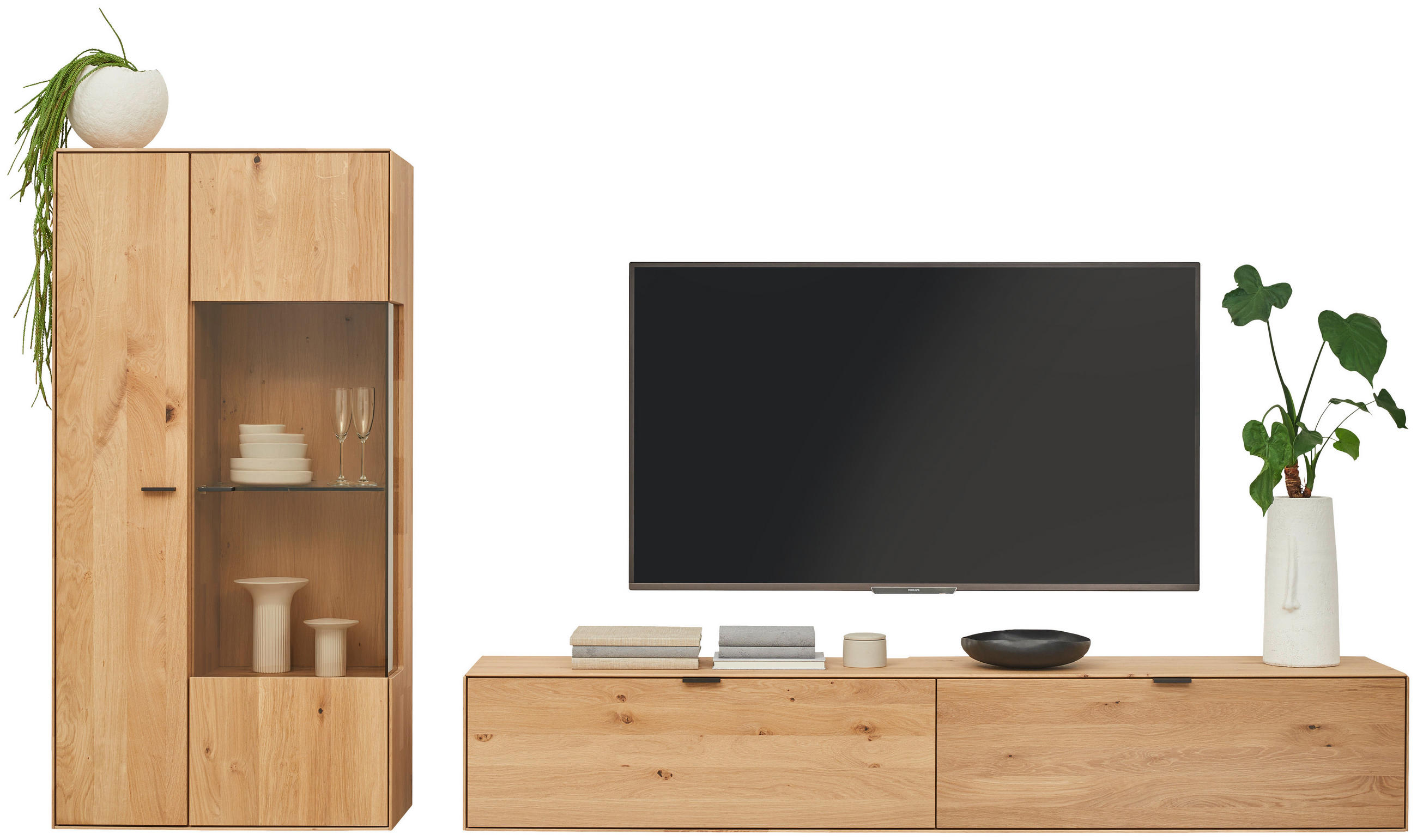 WOHNWAND  in Wildeiche  303,8/184,6/37,1 cm  - Wildeiche/Schwarz, Natur, Glas/Holz (303,8/184,6/37,1cm) - Valnatura