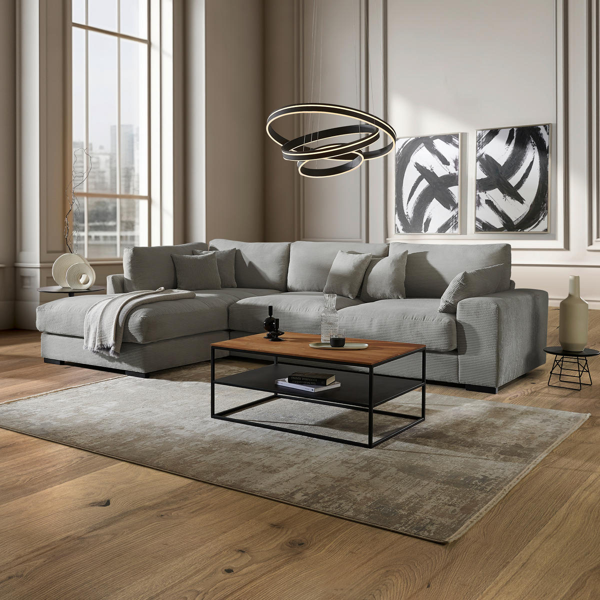 ECKSOFA in Cord Grau  - Schwarz/Grau, Design, Kunststoff/Textil (205/340cm) - Lomoco