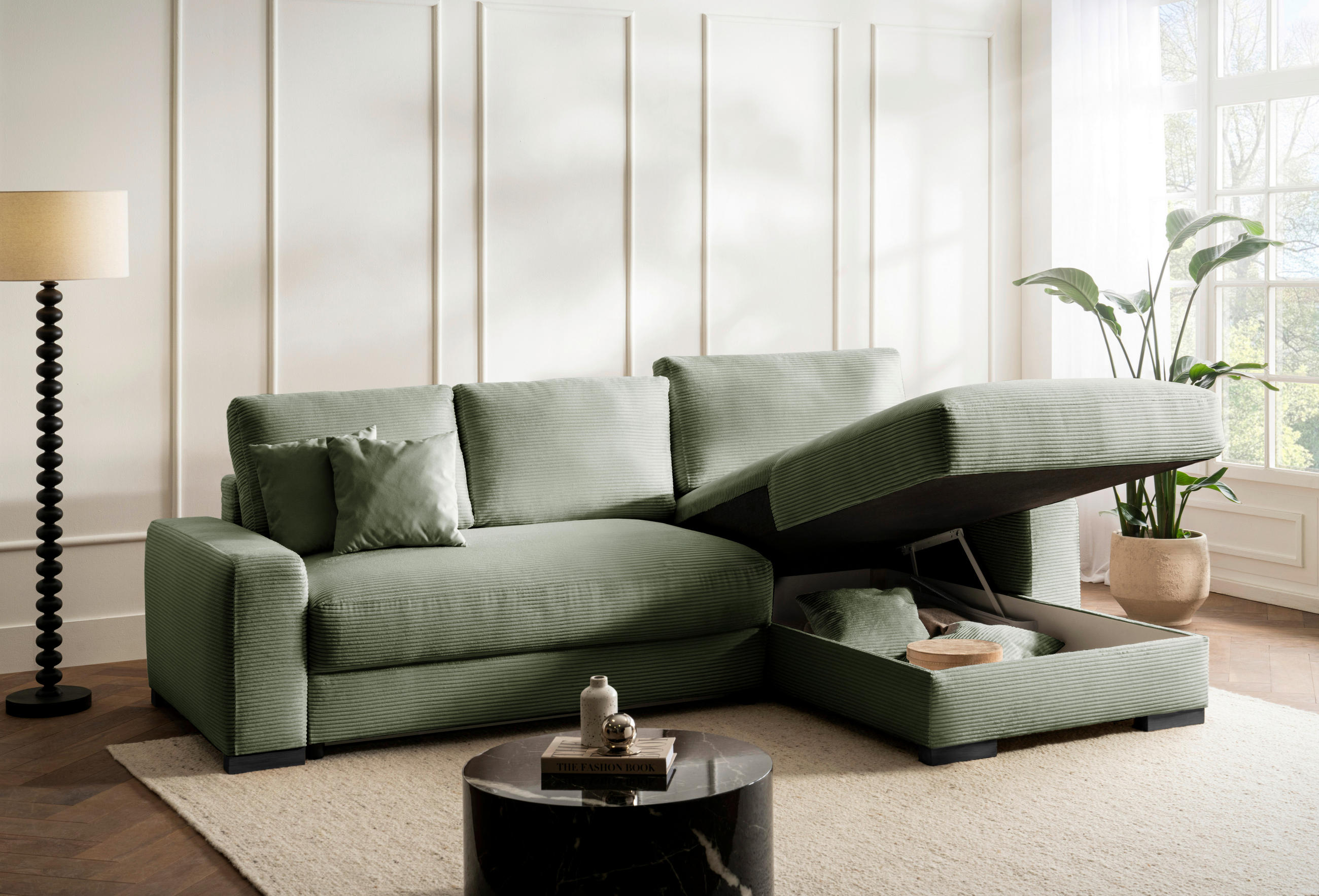 ECKSOFA in Cord Mintgrün  - Schwarz/Mintgrün, Design, Holz/Textil (264/184cm) - Stylife