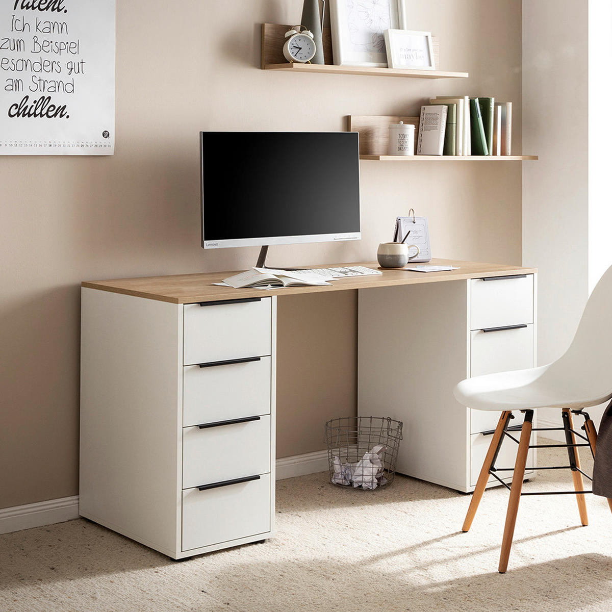 SCHREIBTISCH 55,5/140/73,1 cm  in Weiß, Eichefarben  - Eichefarben/Schwarz, MODERN, Holzwerkstoff/Metall (55,5/140/73,1cm) - MID.YOU