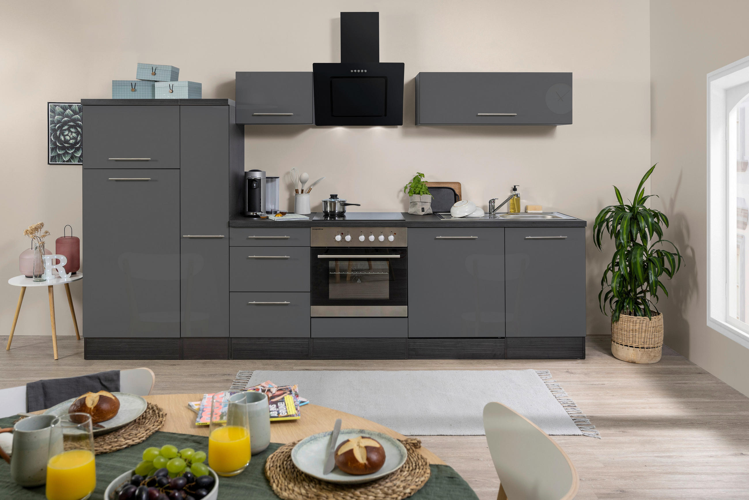 KÜCHENBLOCK 310 cm Grau, Eichefarben E-Geräte, Spüle, Soft-Close-System, Geschirrspülerblende, Ab- und Überlaufgarnitur, Herdanschlusskabel - Edelstahlfarben/Eichefarben, Basics, Metall (310cm) - Respekta