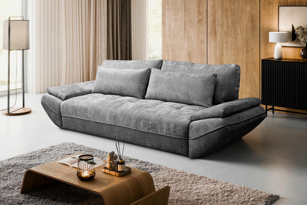 SCHLAFSOFA ELMA Struktur Dunkelgrau  inkl. Rückenkissen, Nierenkissen, Armlehnenkissen, Rücken echt  - Dunkelgrau/Schwarz, KONVENTIONELL, Holz/Kunststoff (280/73-93/107cm) - Livetastic