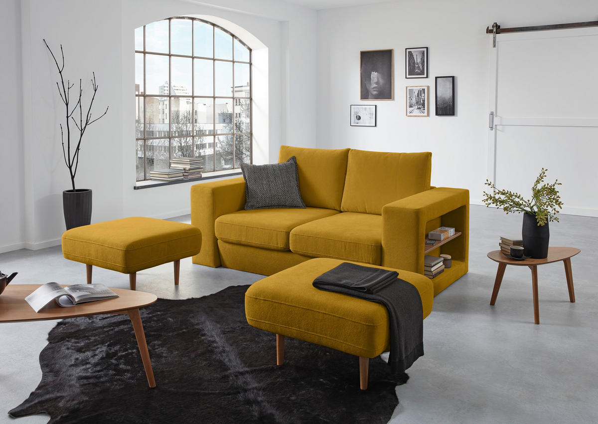 ZWEISITZER-SOFA inkl. Hocker in Webstoff Gelb  - Eichefarben/Gelb, Design, Holz/Textil (172/96/107cm) - LOOKS by W.Joop