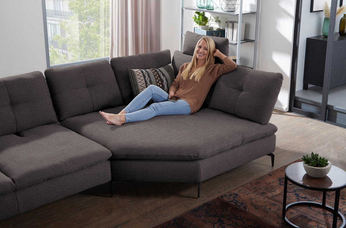 ECKSOFA in Flachgewebe Graphitfarben  - Schwarz/Graphitfarben, Design, Textil/Metall (344/157cm) - Chilliano