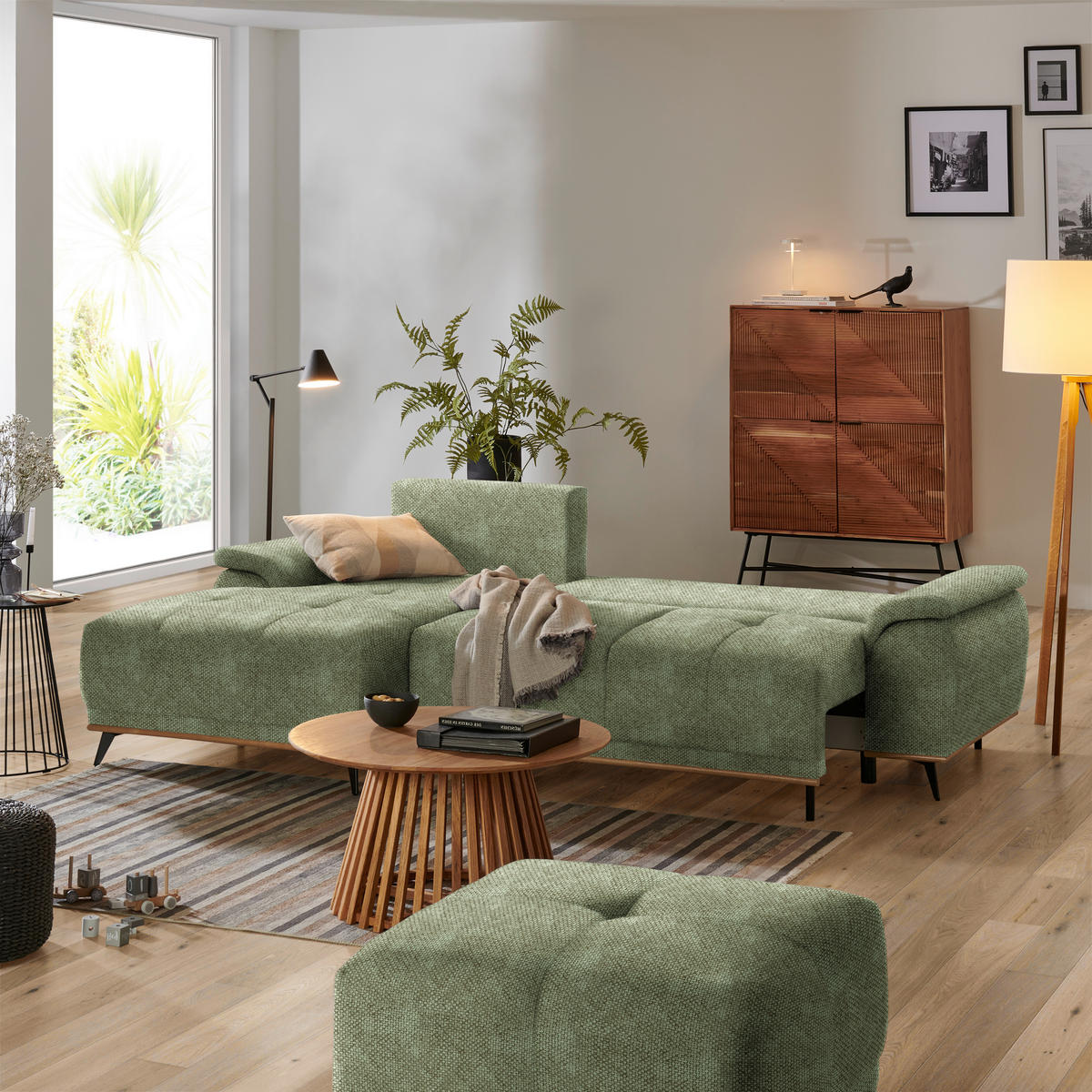 ECKSOFA in Struktur Olivgrün  - Schwarz/Olivgrün, Modern, Textil/Metall (168/262cm) - home24