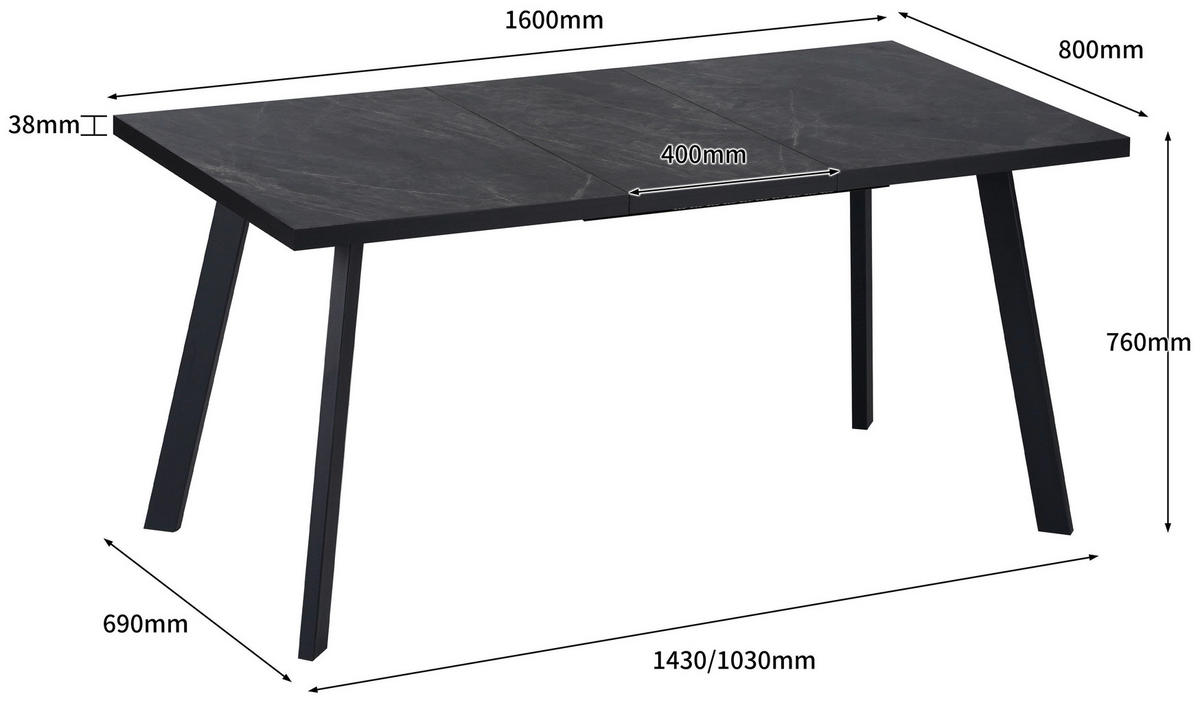 ESSTISCH Grau, Schwarz rechteckig  ausziehbar  - Schwarz/Grau, Design, Holzwerkstoff/Metall (120-160/80/76cm) - Ti'me