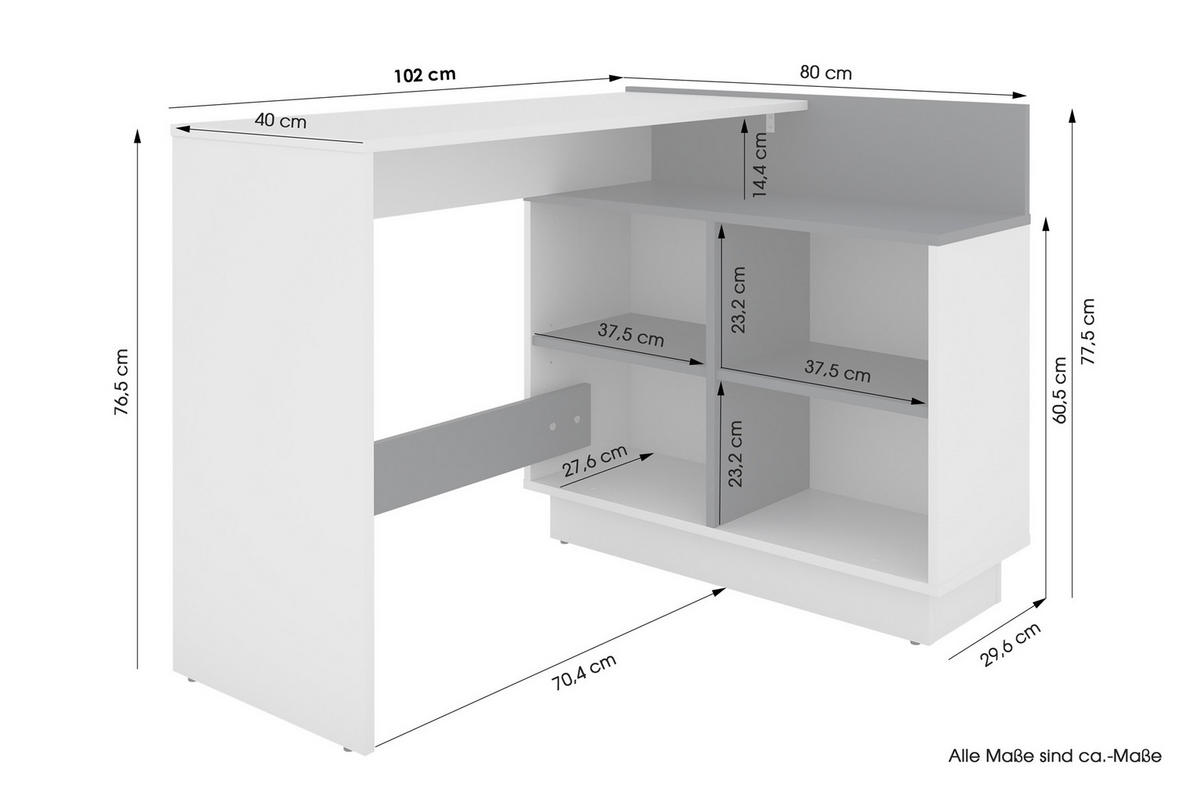 ECKSCHREIBTISCH 102/80/77,5 cm  in Graphitfarben, Weiß  - Graphitfarben/Weiß, MODERN, Holzwerkstoff (102/80/77,5cm) - MID.YOU