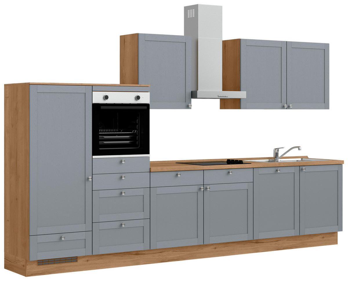 KÜCHENBLOCK Frame 360 cm  in Eichefarben, Blaugrau  - Edelstahlfarben/Eichefarben, MODERN, Holzwerkstoff/Metall (360cm) - Nobilia