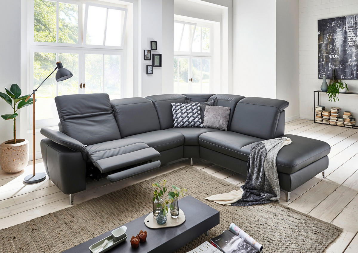 ECKSOFA in Echtleder Anthrazit  - Chromfarben/Anthrazit, KONVENTIONELL, Leder/Metall (292/242cm) - Cantus