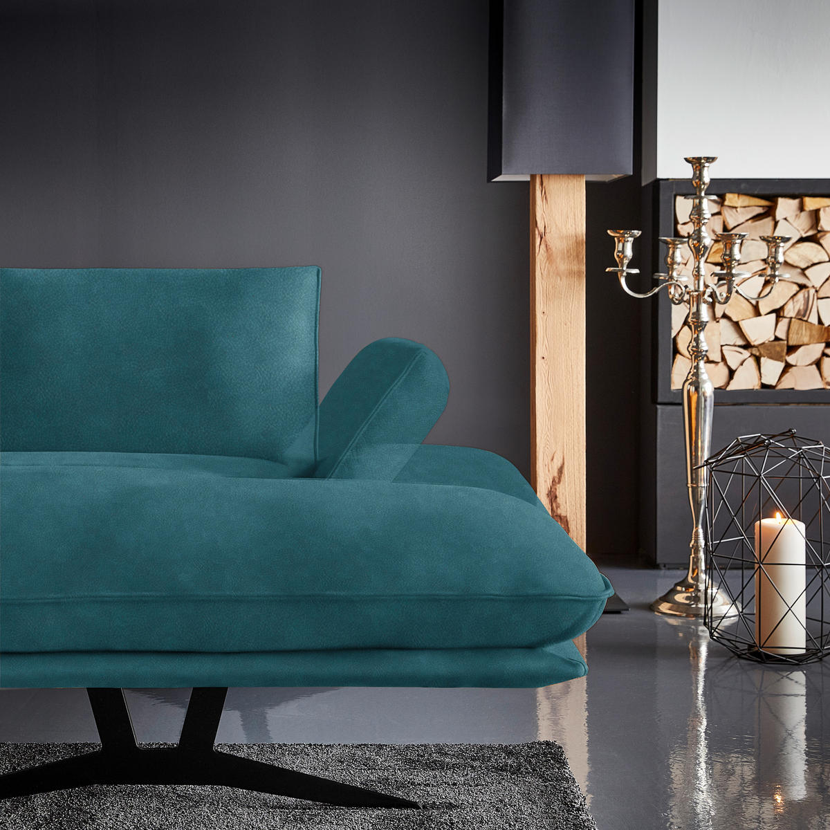 WOHNLANDSCHAFT  in Echtleder Petrol  - Petrol/Schwarz, Natur, Leder/Metall (217/359/155cm) - Dieter Knoll