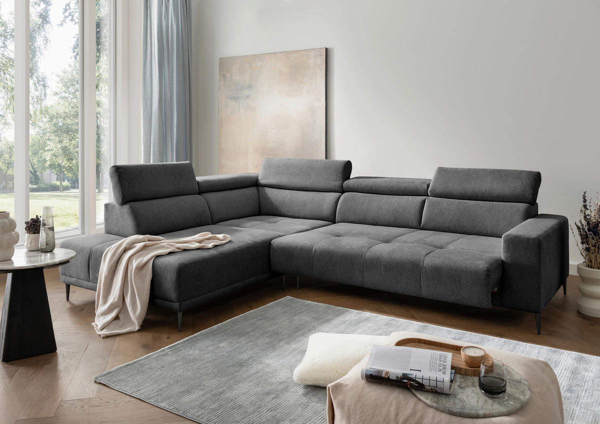 ECKSOFA Chenille Anthrazit  - Anthrazit/Schwarz, Konventionell, Textil/Metall (225/305cm) - Livetastic